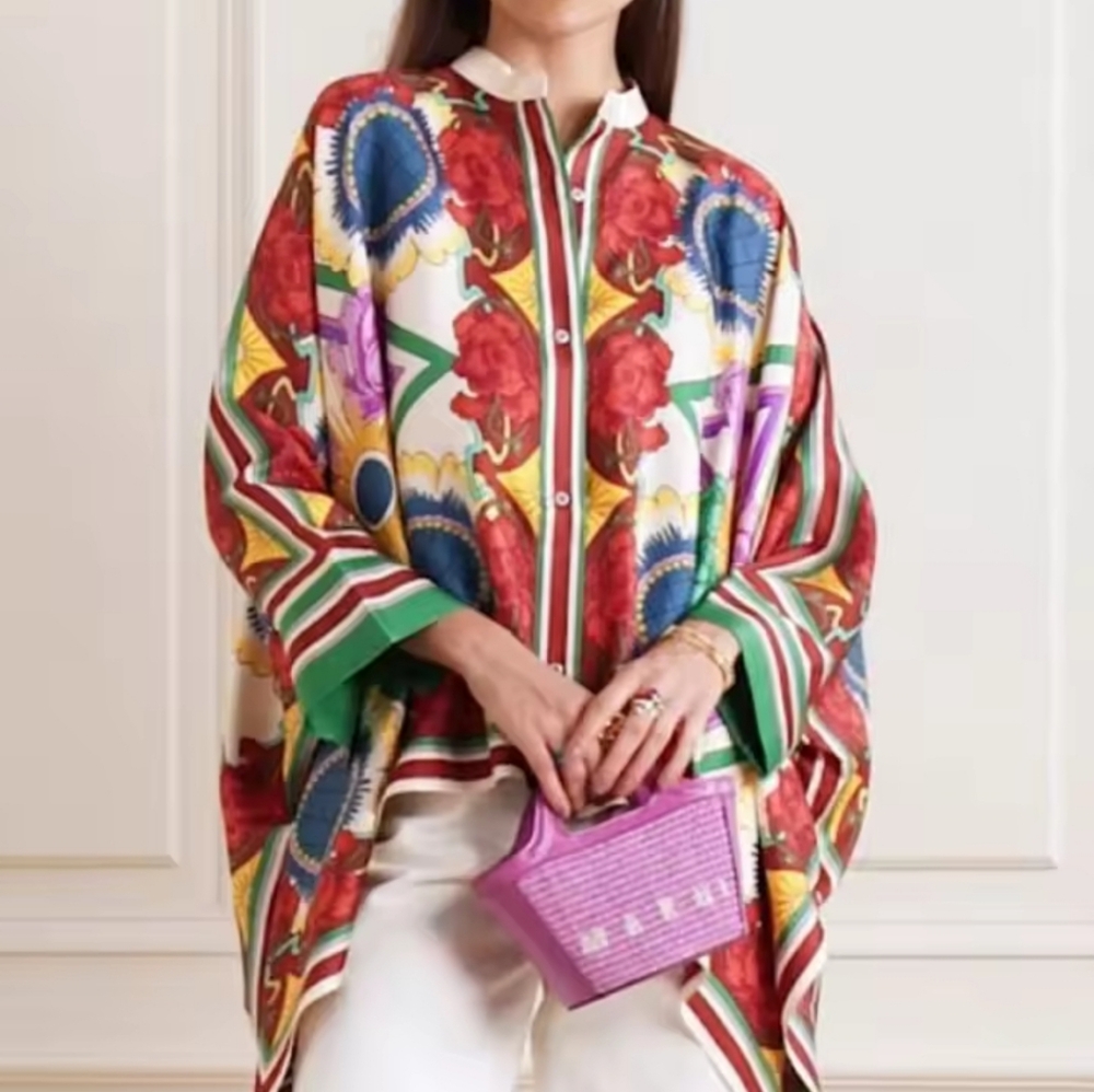Flower PrintStand Collar Blouses Women Spring Summer High-lowButtoned Shirts T - Picture 3 of 5